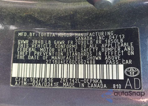 2013 Toyota Corolla Le z USA, uszkodzony, nr VIN 2T1BU4EE6DC062488